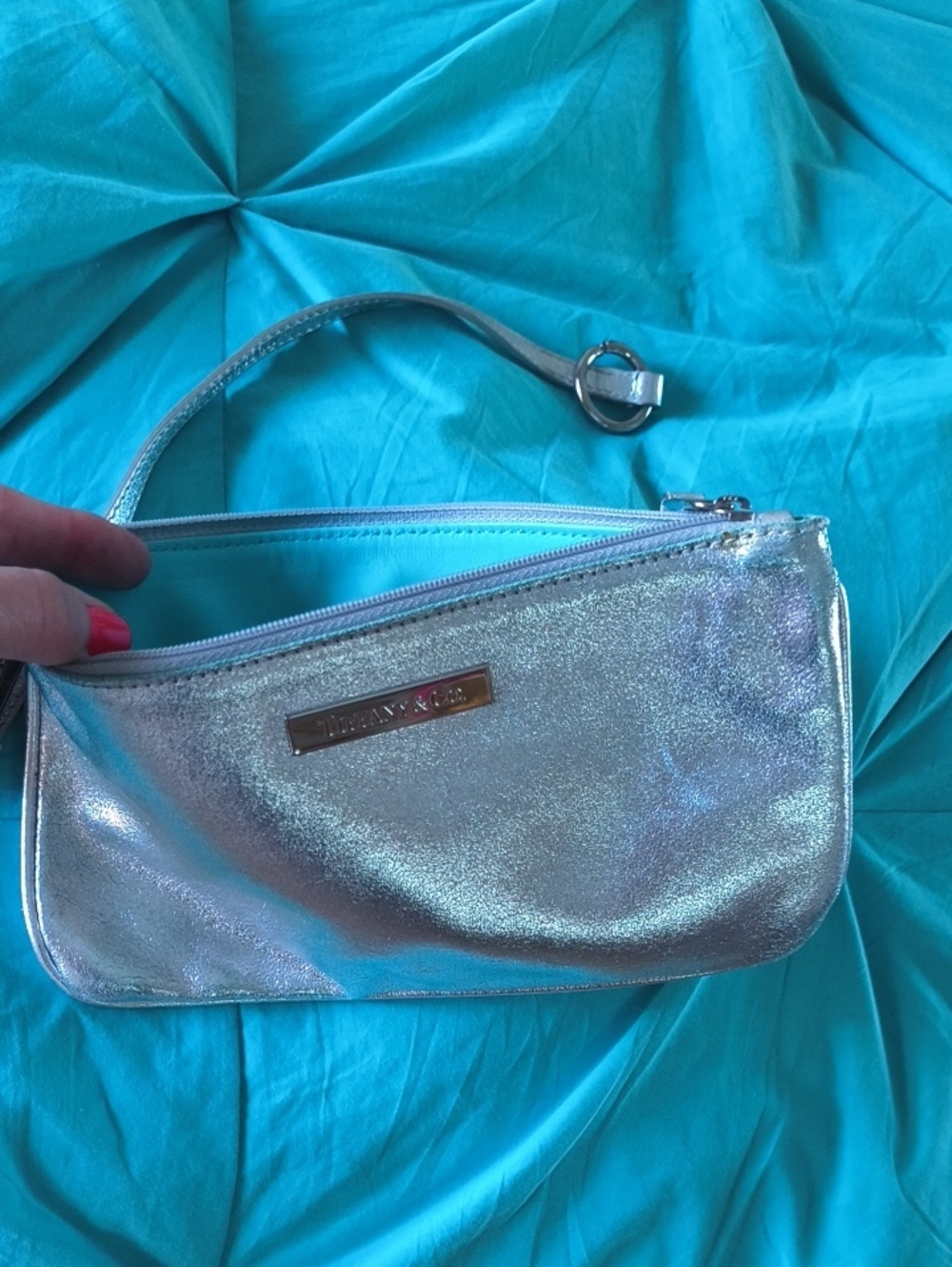 Tiffany & Co. Leather Silver And Tiffany Blue Zipper Clutch Detachable Strap